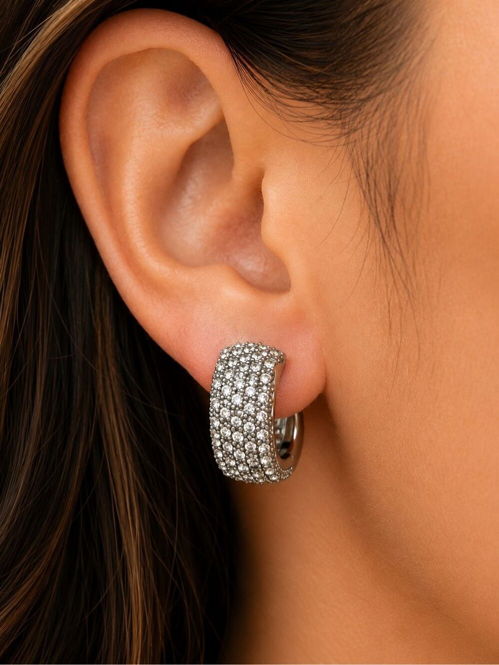 Ellas Silver Pavé Crystal Huggie Hoop Statement Earrings New
